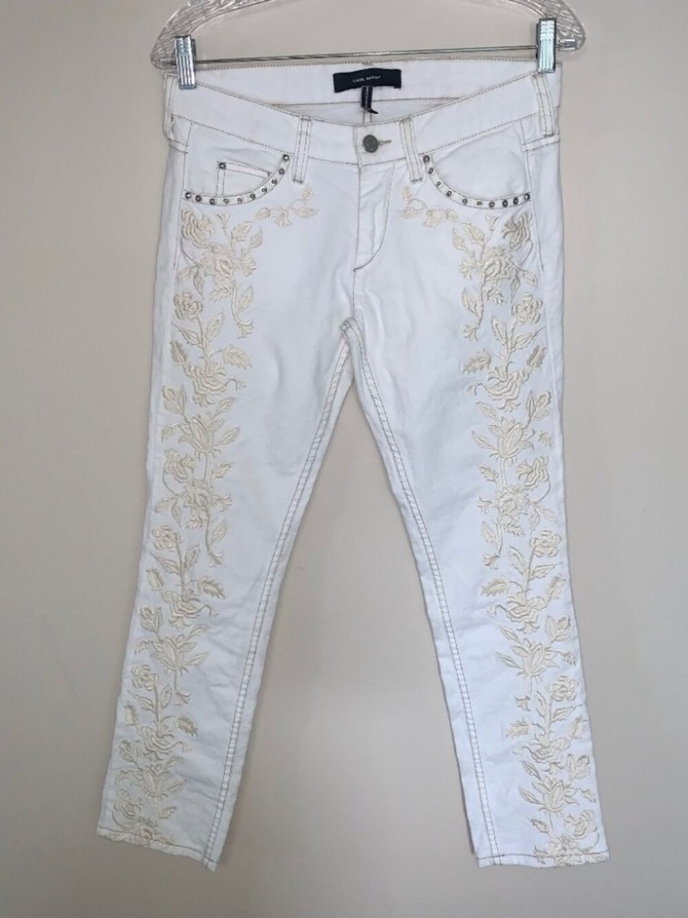 Isabel Marant Embroidered Studded Skinny Low Rise Cream Jeans 38